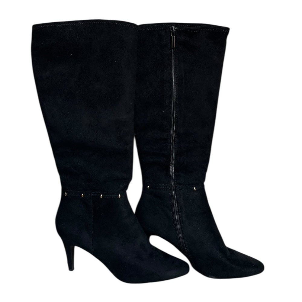 Impo Stretch Sass women's knee-tall studded zipper boots in black faux suede